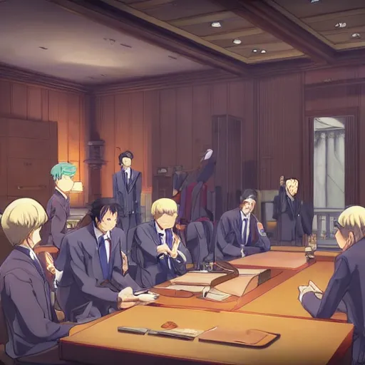 Image similar to phoenix wright objecting on the supreme court, by hayao miyazaki and yusuke murata and makoto shinkai and ross tran, intricate detail, cinematic, 8 k, cel shaded, unreal engine, featured on artstation, pixiv
