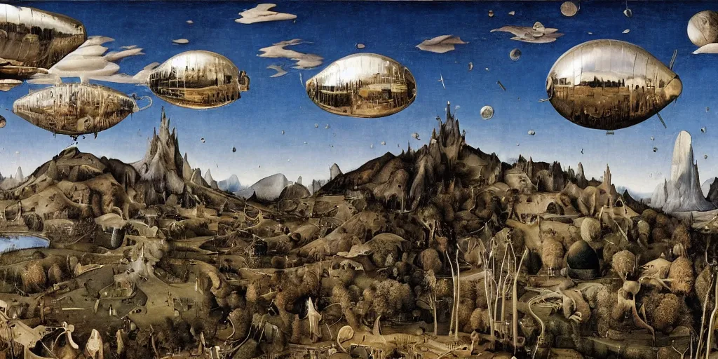 Prompt: a stunningly beautiful hyper-realistic landscape painting by Bosch and Giger and Beardsley under a blue sky with hovering metallic airships and oversized broken dolls scattered about