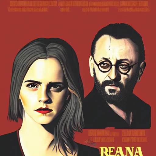 Prompt: Emma Watson and Jean Reno in Leon The Professional, movie poster, digital art