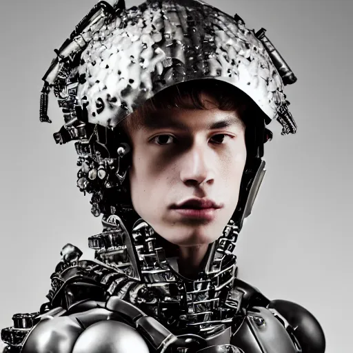 Prompt: a portrait of a beautiful young male wearing an alexander mcqueen armor made of parts of a robot , photographed by andrew thomas huang, artistic