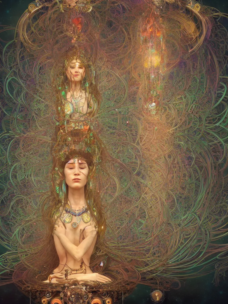 Image similar to an ancient mystical alluring female shaman generating flowing energy and surrounded by wisps of incense smoke sits meditating in a magical cybernetic robot temple , face face face, by android jones and alphonse mucha, 3d, cinema 4d render, trending on artstation