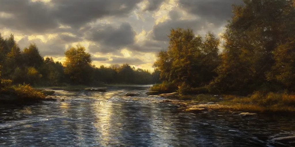 Image similar to a river, cinematic lighting, detailed oil painting, hyperrealistic, 8k