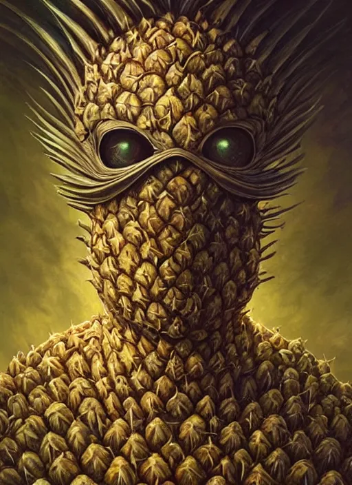 Prompt: pineapple mf doom reptile eyes, luminescent pineapple skin. intricate, elegant, highly detailed, centered, digital painting, artstation, concept art, smooth, sharp focus, illustration, artgerm, tomasz alen kopera, peter mohrbacher, donato giancola, joseph christian leyendecker, wlop, frank frazetta