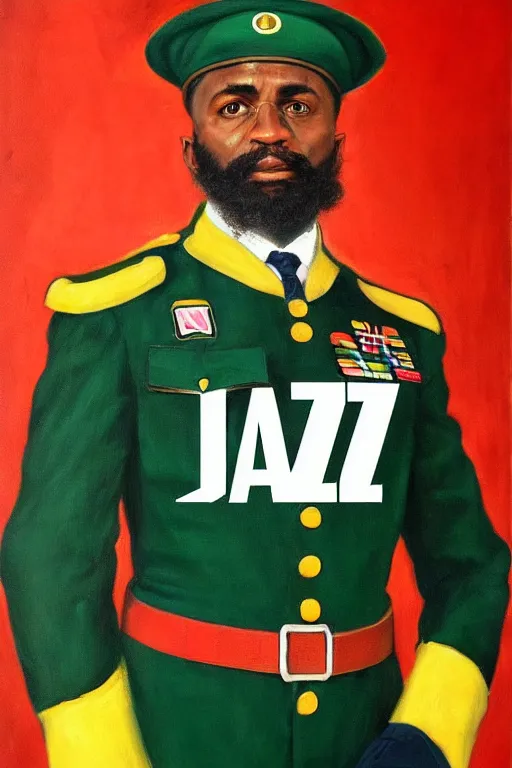 Image similar to full body portrait of the dictator of the nba utah jazz, 1 8 8 9, in full military garb, navy, green, yellow, oil on canvas by william sidney mount, trending on artstation