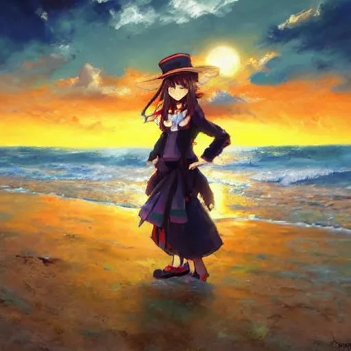 Prompt: Beautiful portrait of Kirisame Marisa from the Touhou project at the beach at sunset, touhou project official artwork, danbooru, oil painting by Antoine Blanchard, sold at an auction, oil on canvas , wide strokes, pastel colors, soft lighting