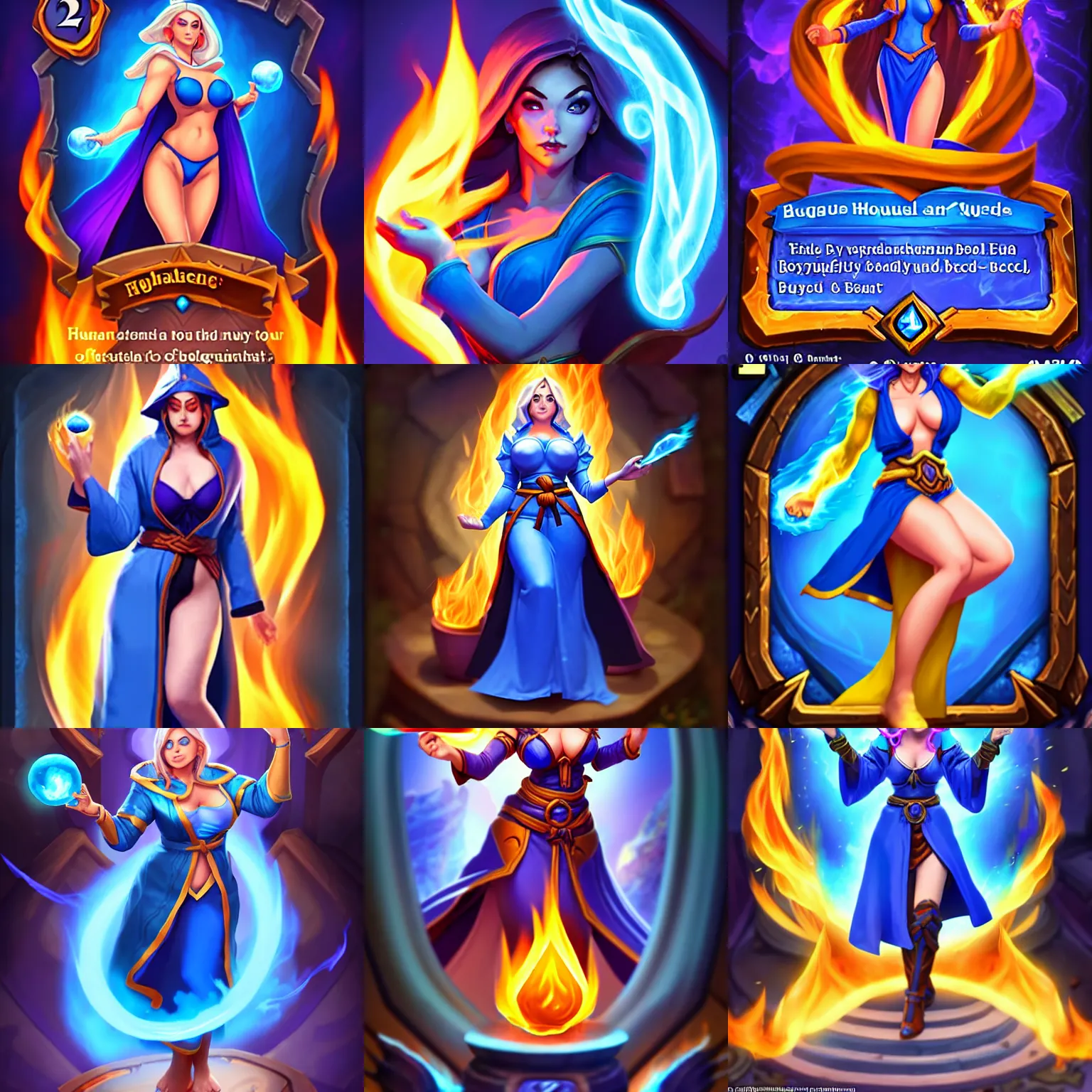 Prompt: IMPORTANT : a female mage with a blue robe casting a fire ball ; Body type : voluptious hourglass body ; Head : Beautiful face ; IMPORTANT : Hearthstone official splash art, award winning, trending