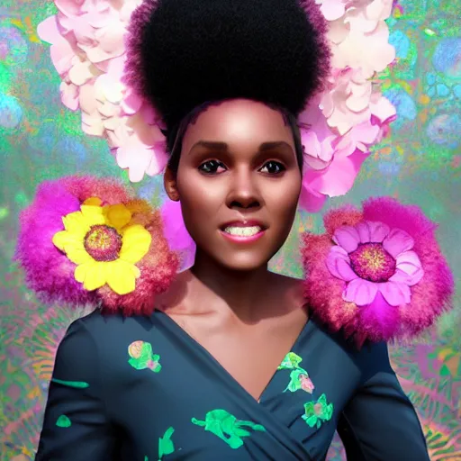 Image similar to portrait of a smiling beautiful black woman who looks like janelle monae and erika alexander with big fluffy afro surrounded by flower petals by argerm and by alphonse mucha, face by wlop, trending on artstation, octane render