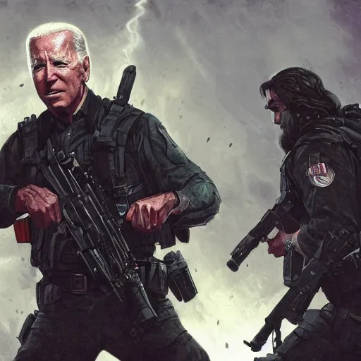 Image similar to joe biden as an evil terrorist, dramatic lighting, cinematic, establishing shot, extremly high detail, photorealistic, cinematic lighting, artstation, style by James Gurney