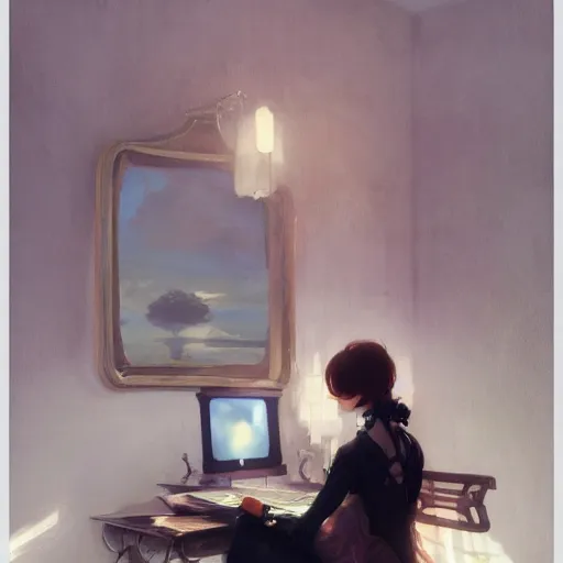 Prompt: woman using computer, vogue magazine, interior design, greg rutkowski, john singer sargent, anime, trending on artstation, intricate