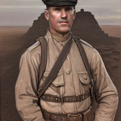 Image similar to a detailed photorealistic sepia - toned color portrait painting of a 1 9 1 7 worried clean - shaven british lieutenant in detailed field gear not wearing a hat in wadi rum, ultra realistic, intricate details, lovecraft, atmospheric, dark, horror, brooding, highly detailed, by clyde caldwell