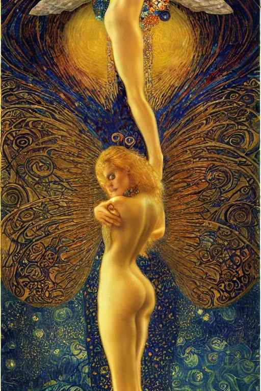 Prompt: Visions of Paradise by Karol Bak, Jean Deville, Gustav Klimt, and Vincent Van Gogh, visionary, otherworldly, fractal structures, infinite angel wings, ornate gilded medieval icon, third eye, spirals, heavenly spiraling clouds with godrays, airy colors, feathery wings