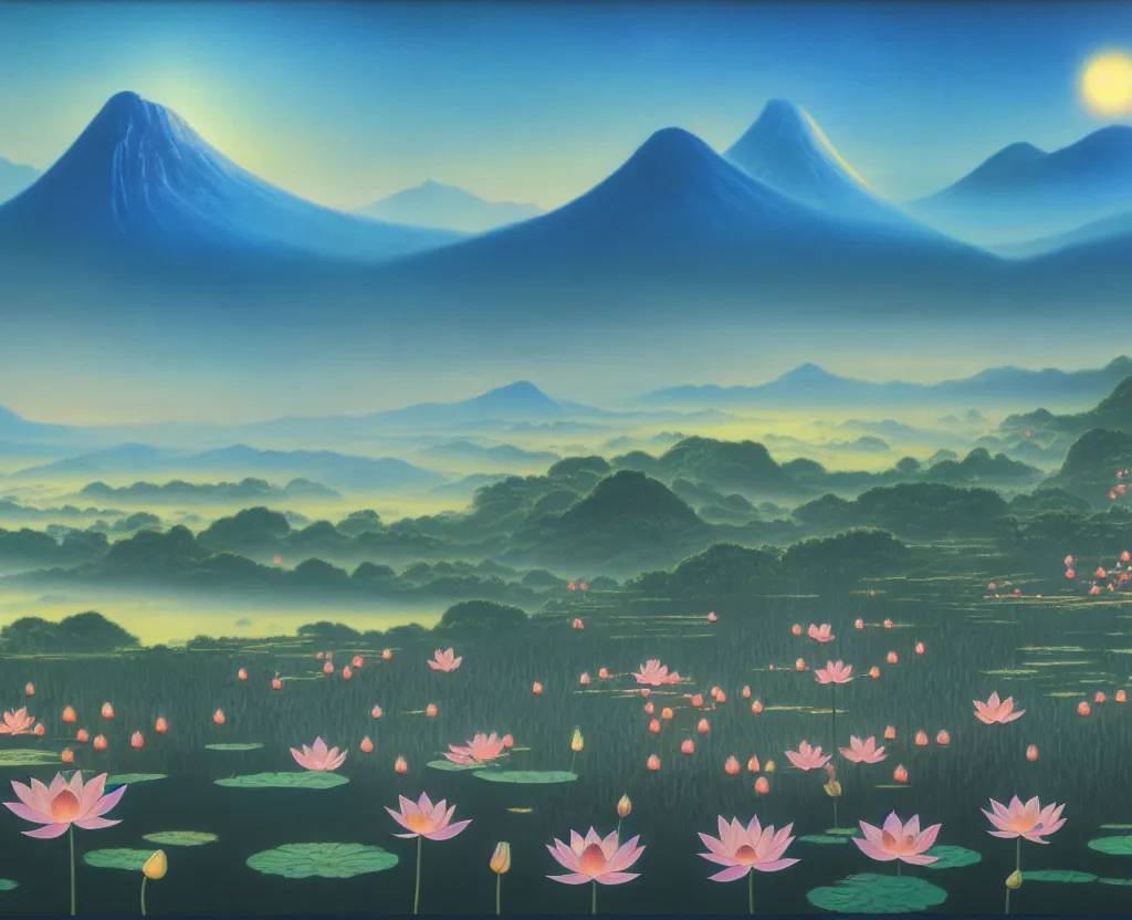 Image similar to a landscape pastel in the style of noriyoshi ohrai and of a field of lotus flowers, glowing with iridescent mana. some misty mountains in the background. key art. 4 k retrofuturistic fantasy