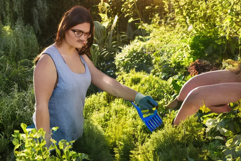 Image similar to a beautiful young brunette, slightly overweight, working in the garden at golden hour, dutch angle, 8k