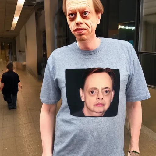 Image similar to photo of a man wearing a shirt with Steve Buscemi's face on the shirt, 8k