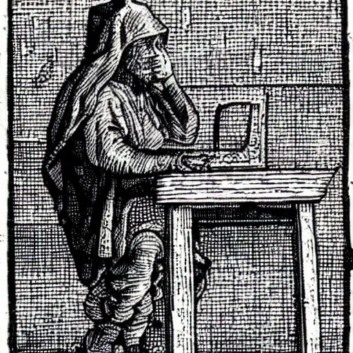 Image similar to a computer programmer from the medieval times, annoyed at work