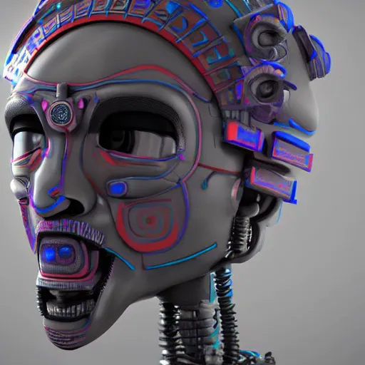 Prompt: a claymodel of a dieselpunk aztec futuristic robot head wearing an emotiv eeg - headset, 8 k, front shot, symetrical, flourescent colors, halluzinogenic, multicolored, insanely detailed, front shot, 3 d render, octane