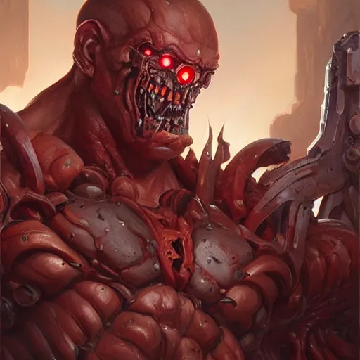 Image similar to doom, muscular male undead cyborg, muscle, fungus, painted by stanley lau, painted by greg rutkowski, painted by stanley, artgerm, masterpiece, digital art, trending on arts