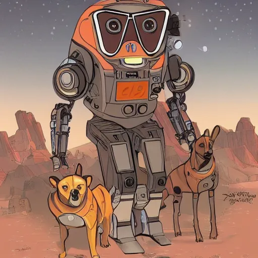 Image similar to half robot half corgi with one laser eye that looks like it's from Borderlands and by Feng Zhu and Loish and Laurie Greasley, Victo Ngai, Andreas Rocha, John Harris