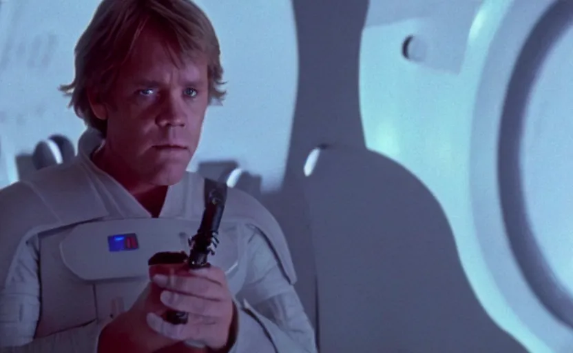Prompt: cinematic still image screenshot portrait luke skywalker looking looking at his cybernetic hand talking to a lonely medical droid, from the tv show on disney + anamorphic lens, photo 3 5 mm film kodak from empire strikes back crisp 4 k imax, beautiful image, window into space behind them