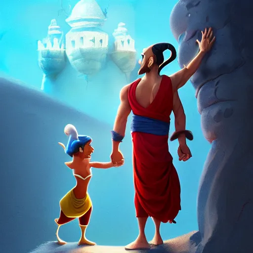 Prompt: pencil illustration of Robin Williams and the Genie from Aladdin trending on art station Greg rutkowski cinematic