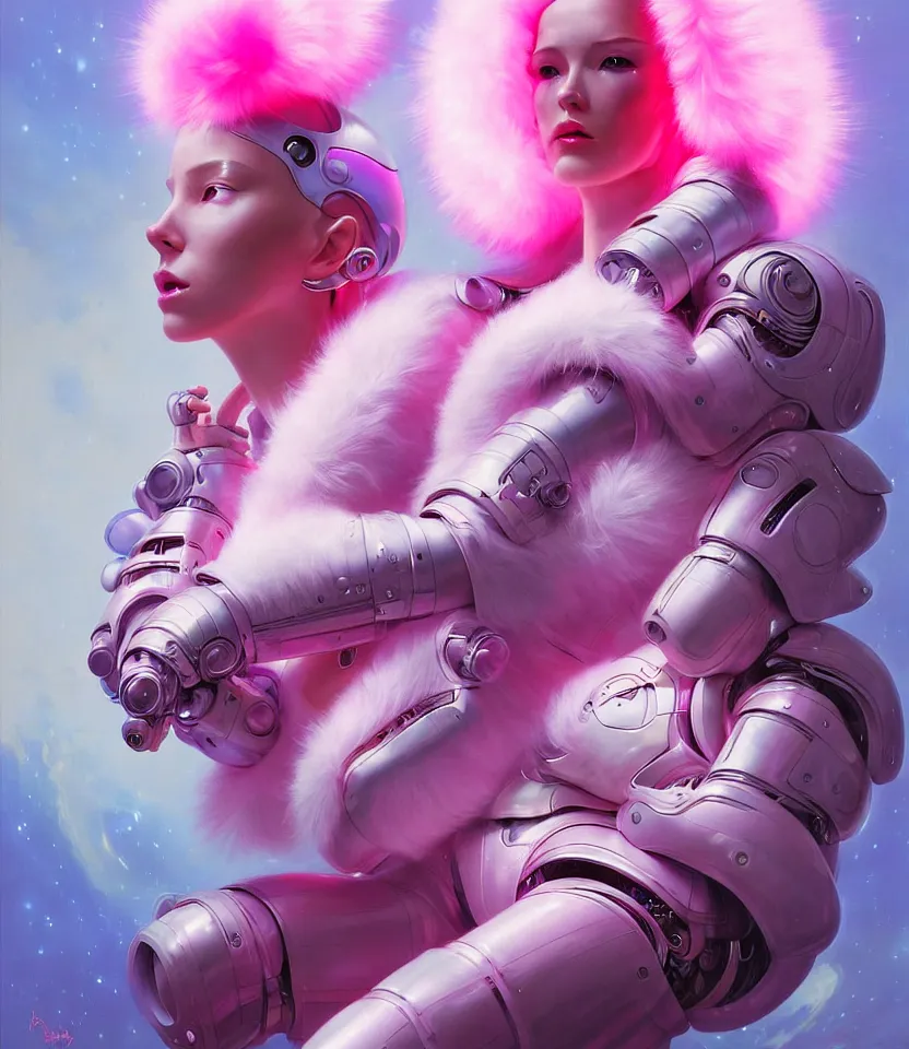 Image similar to beautiful fantasy character portrait of a female cyborg, wearing pink puffy bomber jacket with white fur, seductive reclining pose, lasers, ultra realistic, dramatic lighting, robots, the fifth element artifacts, highly detailed by peter mohrbacher, hajime sorayama, wayne barlowe, boris vallejo, aaron horkey, gaston bussiere, craig mullins
