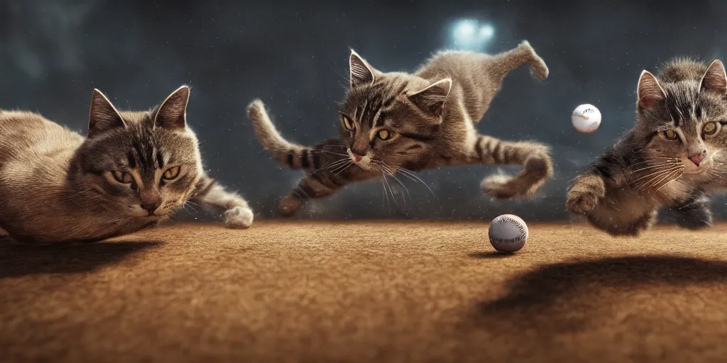 Image similar to cats playing baseball, realistic 4 k octane beautifully detailed render, 4 k post - processing, highly detailed, intricate complexity, epic composition, magical atmosphere, cinematic lighting, masterpiece, ultra hd