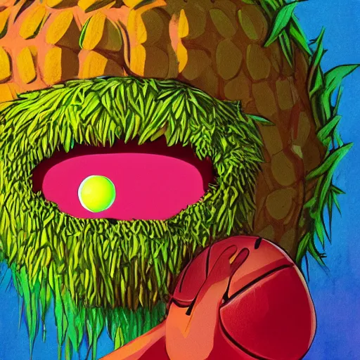 Image similar to a tennis ball monster ,tennis ball, tennis racket, jungle monster, jungle vines, colorful, digital art, fantasy, magic, trending on artstation, ultra detailed, professional illustration by Basil Gogos