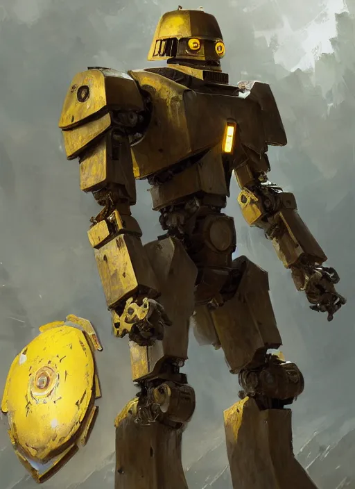 Image similar to human-sized strong intricate yellow pit droid carrying beautiful paladin greatsword and beautiful large paladin shield, pancake short large head, exposed metal bones, painterly humanoid mecha, by Greg Rutkowski