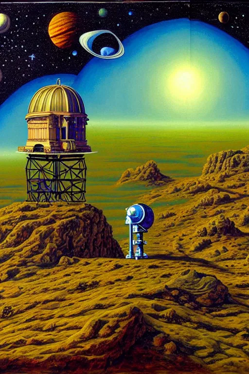 Image similar to a hyperrealistic painting of an ornate observatory resting on the cliff of an alien terrain, telescope pointing towards space galaxies and stars by chris cunningham and richard corben, highly detailed, vivid color,