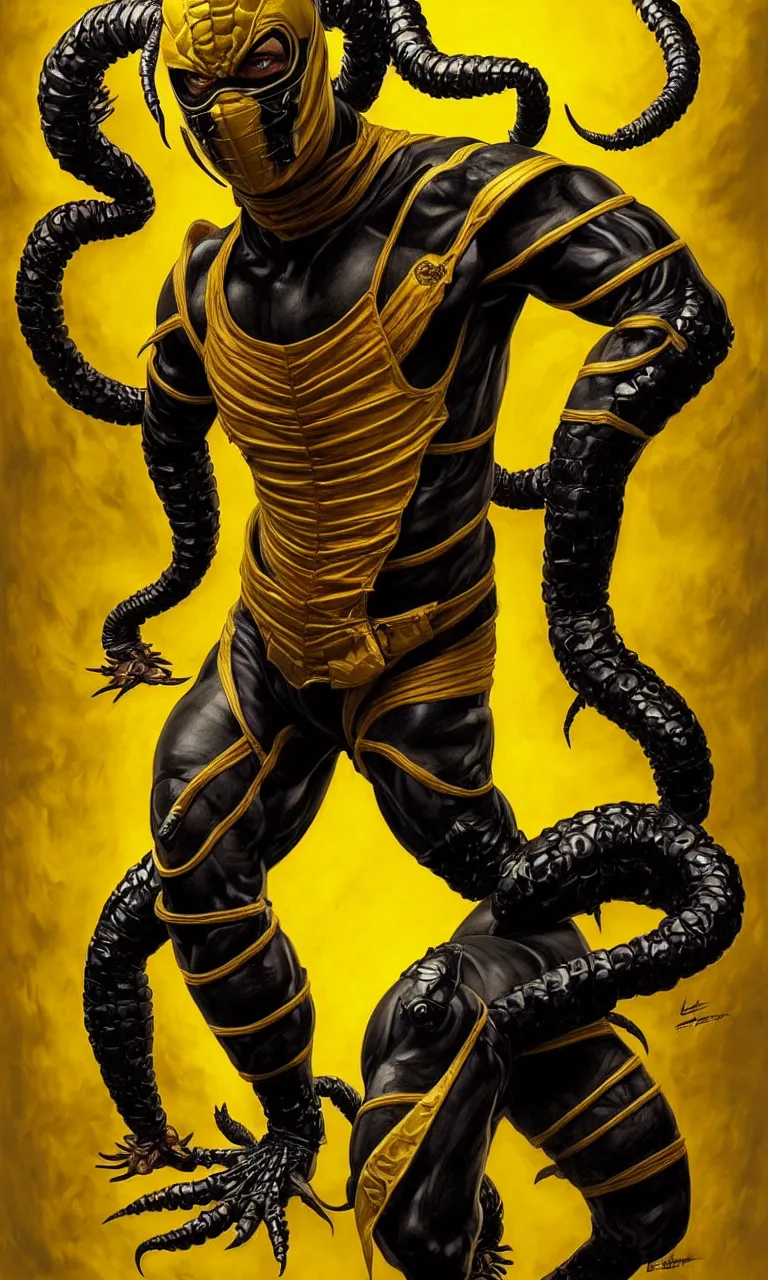 Image similar to hyper realistic full body portrait of scorpion from mortal kombat, mk ninja character, yellow ninja mask, tight yellow ninja suit, by lee bermejo, alphonse mucha and greg rutkowski