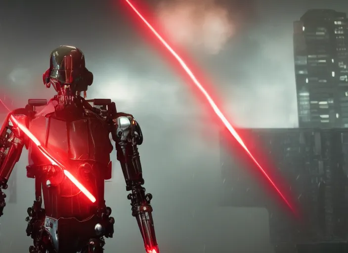 Image similar to 3 5 mm portrait photo of general grievous face with heavy duty biomechanical cybernetic body with 4 arms holding red lightsabers in the city in the rain. cyberpunk horror in the style of george lucas. unreal engine render with nanite and path tracing.