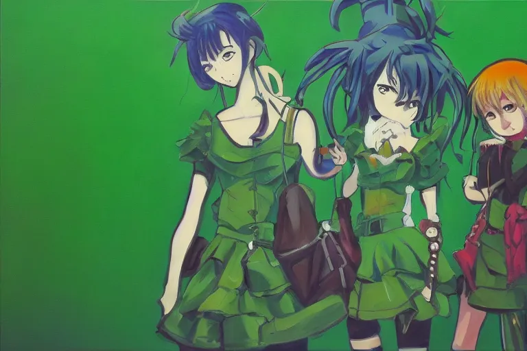 Prompt: oil painting of mashup anime on a green wall, green overtones, highly detailed, stylized, abstract