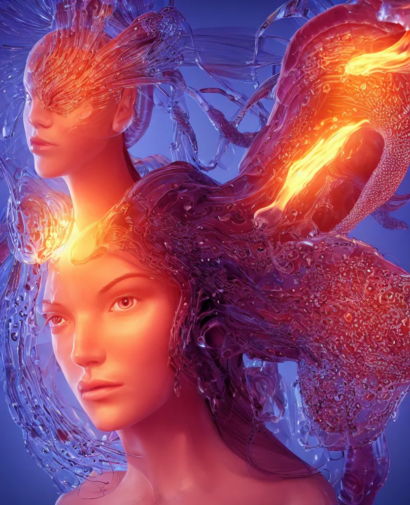 Image similar to close-up macro portrait of the face of a beautiful princess, epic angle and pose, symmetrical artwork, 3d with depth of field, blurred background, cybernetic jellyfish female face skull phoenix bird, translucent, nautilus, energy flows of water and fire. a highly detailed epic cinematic concept art CG render. made in Maya, Blender and Photoshop, octane render, excellent composition, cinematic dystopian brutalist atmosphere, dynamic dramatic cinematic lighting, aesthetic, very inspirational, arthouse. y Greg Rutkowski, Ilya Kuvshinov, WLOP, Stanley Artgerm Lau, Ruan Jia and Fenghua Zhong