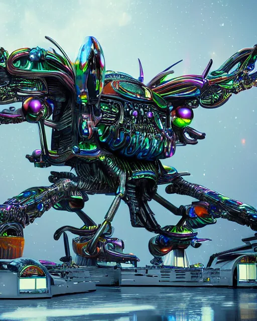 Image similar to detailed photo of rainbow stag beetle shaped alien vehicle, laboratory, mechanical, 8 k, by daniel mcgarry, xiaolong wang, trending on artstation, hyper detailed, beautiful lighting, epic environment