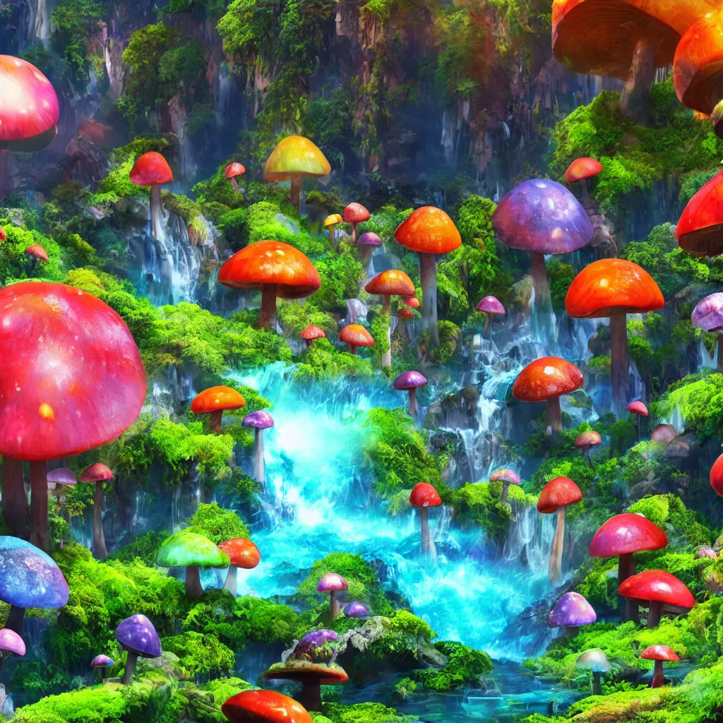 Prompt: colorful alien planet background, giant mushrooms, waterfall, tropical vegetation, landscape, rocks, anime, octane render, 4 k, ingame shot