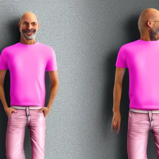 Prompt: bald skinny man in a pink t - shirt and pink pants, photo realistic