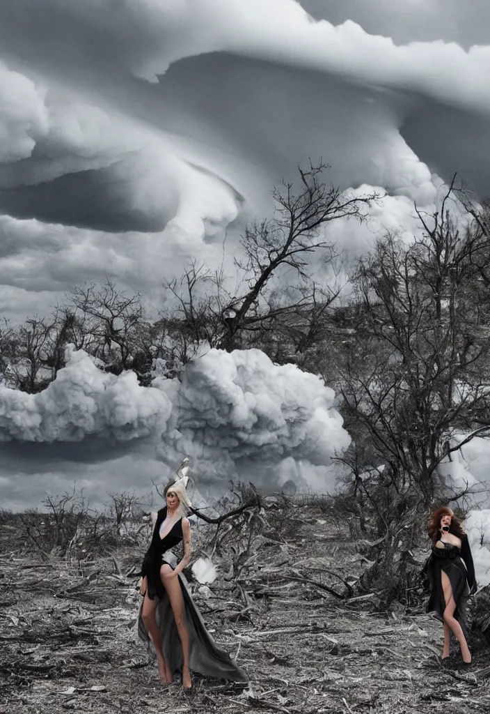 Prompt: fashion editorial in front of a tornado cloud.