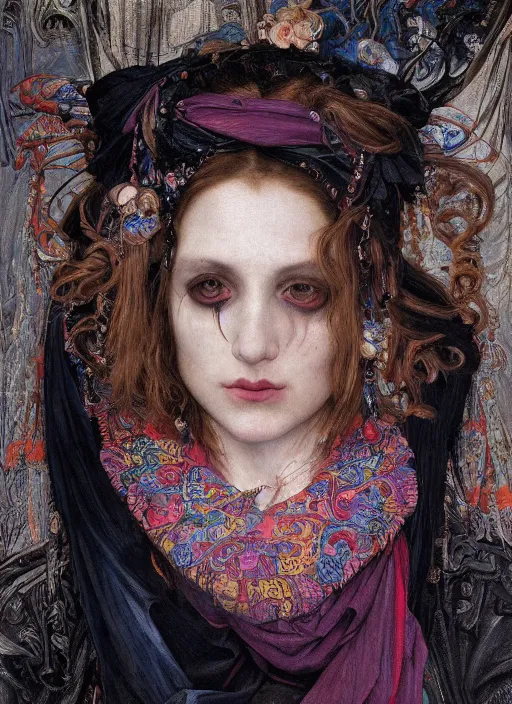 Prompt: close up portrait of the ghost of beautiful gothic woman, wearing a scarf with colourful intricate psychodelic patterns, by edgar maxence and caravaggio and michael whelan and delacroix style, artistic, intricate drawing, light brazen, realistic fantasy, extremely detailed and beautiful aesthetic face, establishing shot, 8 k resolution, dramatic lighting