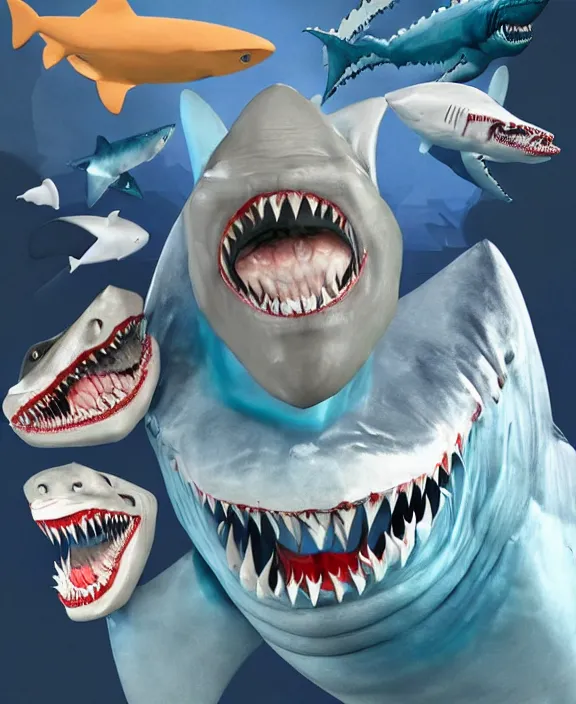 Prompt: joe biden nightmare fuel, shark man, shark costume, shark fin, sharp teeth, big smile, blue skin, ( ( claymation ) ), iridescent accents, by simon stalenberg by and artgerm