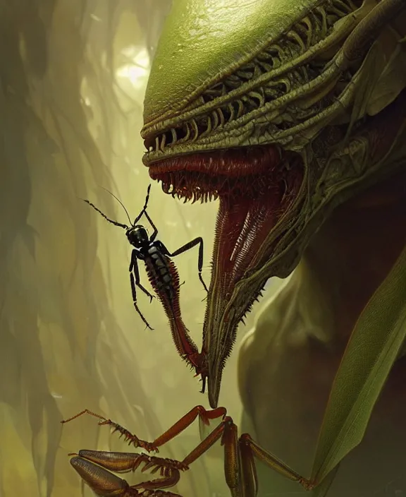 Image similar to intricate portrait of a scary alien insect creature, adorable, childlike, overgrown environment, ultra realistic, concept art, minimalist, photorealistic, octane render, 8 k, unreal engine. art by christopher marley and artgerm and greg rutkowski and alphonse mucha