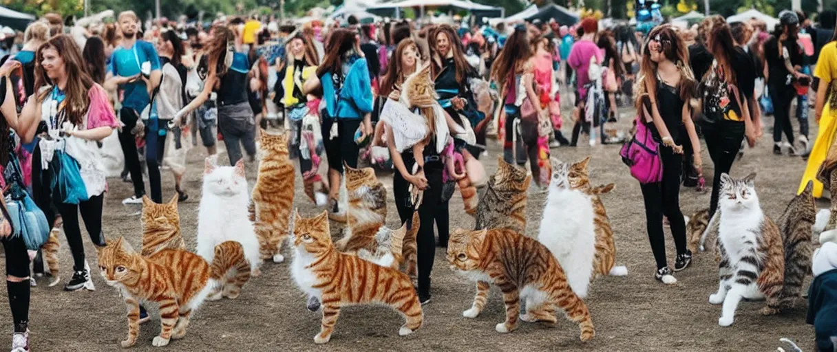 Prompt: music festival full of cats with trendy clothing. no humans, no people, no men.