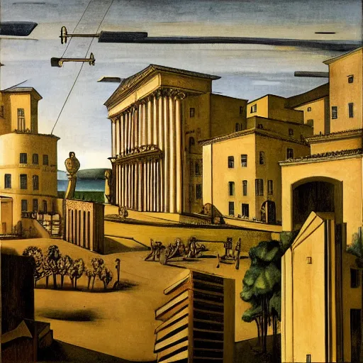 Image similar to solarpunk dreaming new York stock exchange in a toscana landscape with modern houses, painted by Giorgio de Chirico, highly detailed