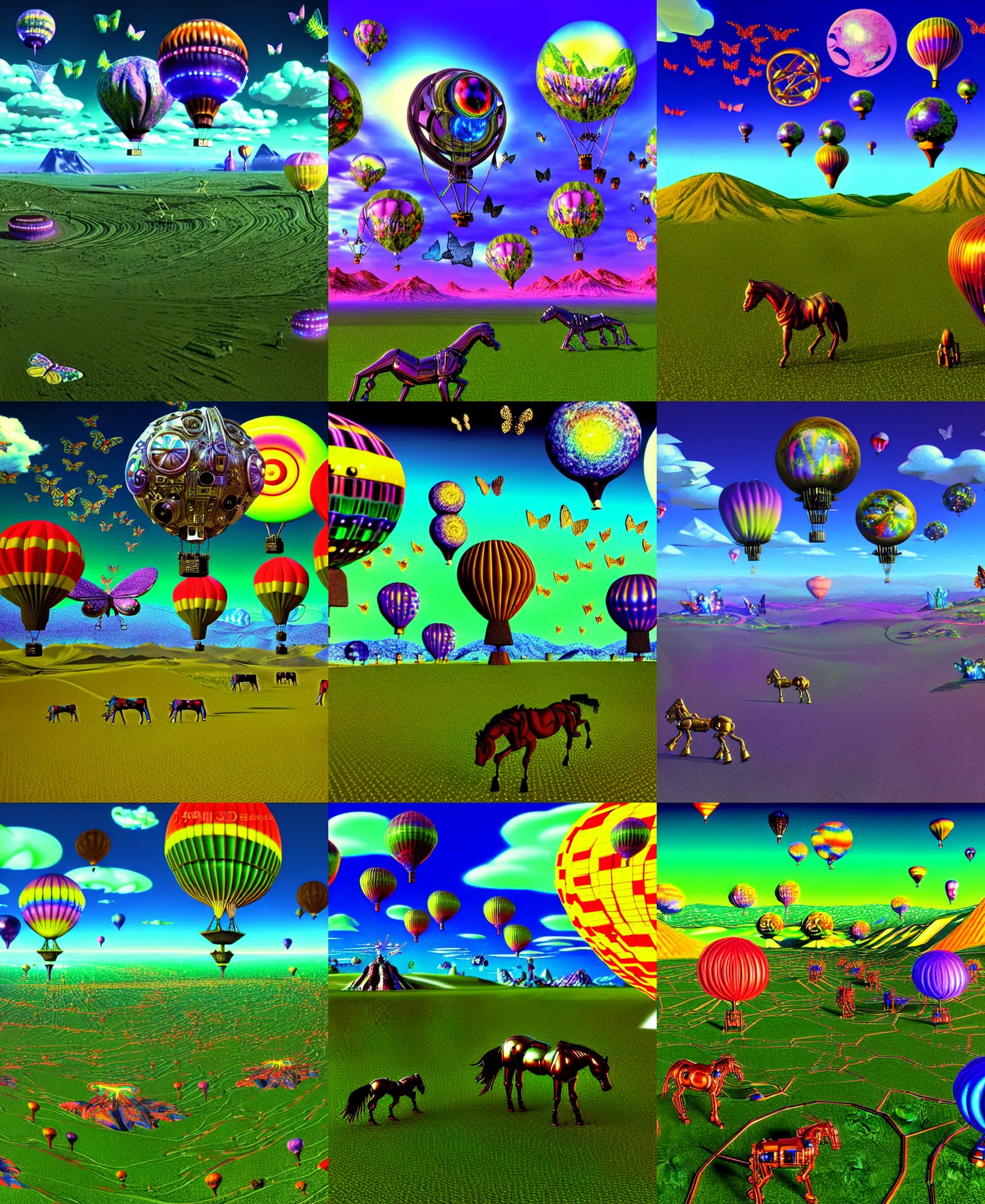 Prompt: 3 d render of cybernetic demoscene landscape with cyborg horses and hot air balloons with angel wings against a psychedelic surreal background with 3 d butterflies and 3 d flowers n the style of 1 9 9 0's demoscene cgi graphics, lsd dream emulator psx, 3 d rendered y 2 k aesthetic by ichiro tanida, 3 do magazine, wide shot