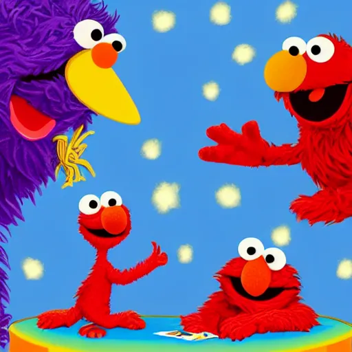 Image similar to the creation of adam but with elmo and the cookie monster instead, sesame street, in an absurdist style, heavenly, cosmic, god rays, intricate detail, 8 k,