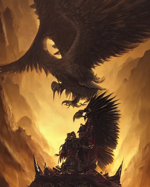 Image similar to Grinning Eagle, Anthropomorphized, as evil warlord general on skull throne, magic the gathering artwork, D&D, fantasy, cinematic lighting, centered, symmetrical, highly detailed, digital painting, artstation, concept art, smooth, sharp focus, illustration, volumetric lighting, epic Composition, 8k, art by Akihiko Yoshida and Greg Rutkowski and Craig Mullins, heroic pose, oil painting, cgsociety, Battlefield background, explosions, arrows