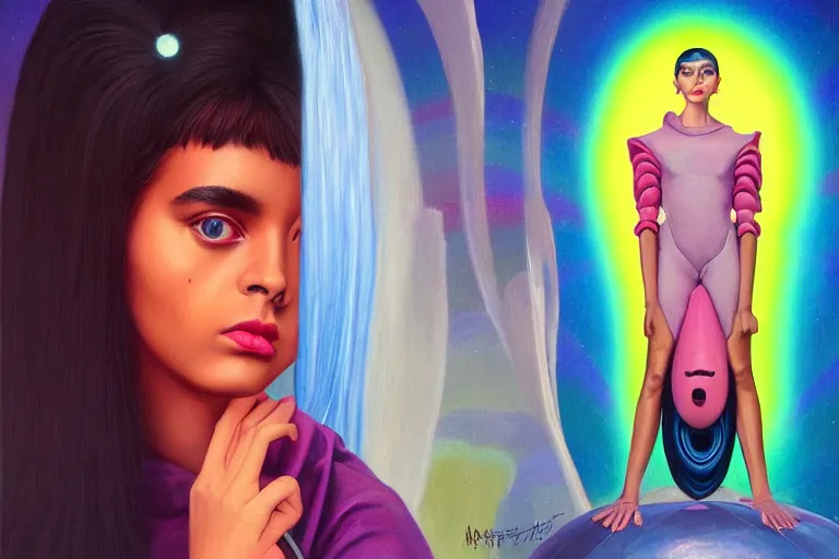 Image similar to patron saint of 🛸🌈👩🏾, futuristic clothing, neon god of city character portrait, in the style of margaret keane, moebius, tom bagshaw, and waterhouse, cinematic lighting, beautiful, elegant, oil painting,