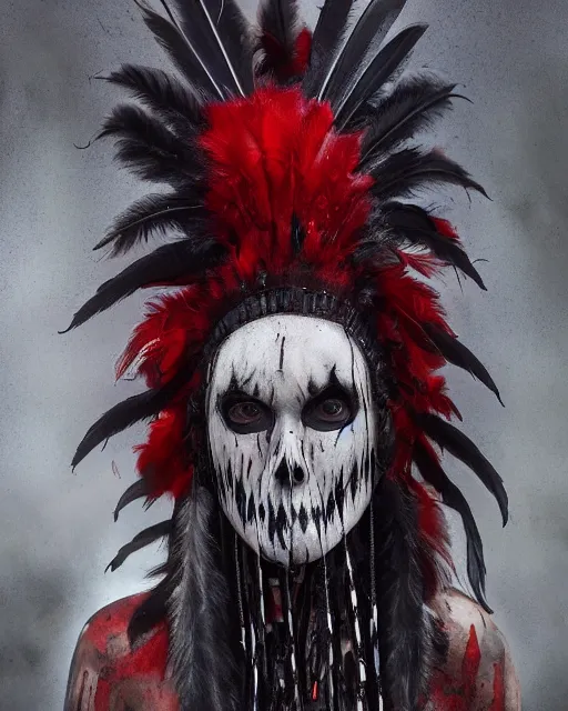 Image similar to the ghost - spirit of the grim - warpaint wears the scarlet skull armor and native blood headdress feathers, midnight fog - mist!, dark oil painting colors, realism, cinematic lighting, various refining methods, micro macro autofocus, ultra definition, award winning photo