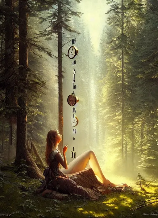 Image similar to a clock integrated in the forest environment, elegant, sharp focus, illustration, highly detailed, digital painting, concept art, matte, art by wlop and artgerm and ivan shishkin and andrey shishkin, masterpiece