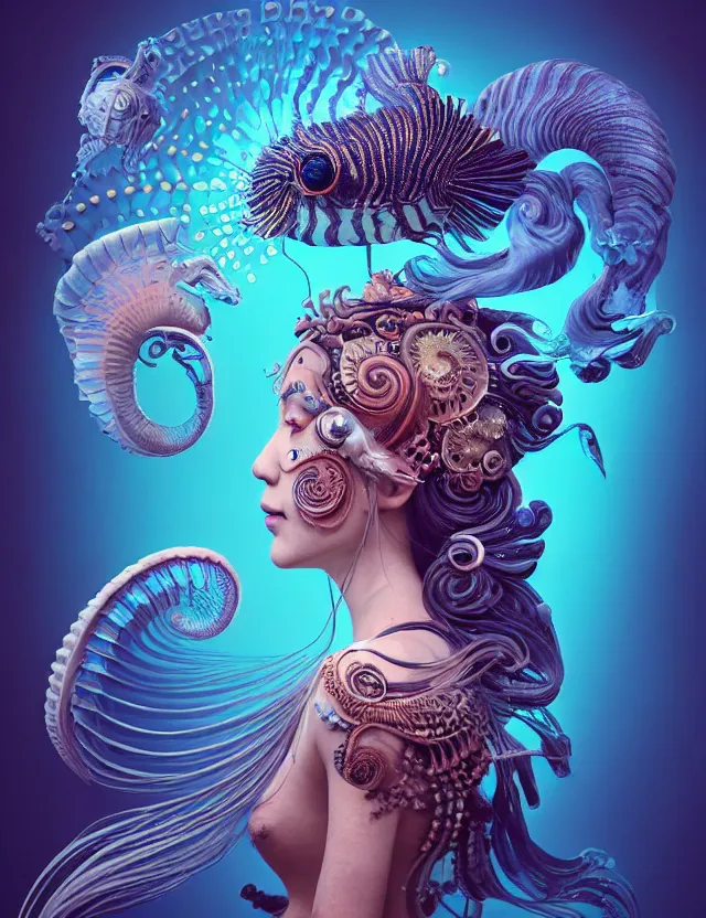 Image similar to 3 d goddess nautilus half - turn portrait with long hair with ram skull. beautiful intricately detailed japanese crow kitsune mask and clasical japanese kimono. betta fish, jellyfish phoenix, bio luminescent, plasma, ice, water, wind, creature, artwork by tooth wu and wlop and beeple and greg rutkowski