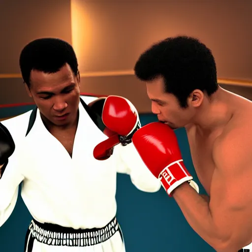 Image similar to mohammed ali fighting joe frasier in heaven 8 k super realistic detail digital painting, unreal engine, 3 d render